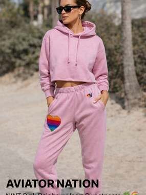 Aviator Nation Rainbow Heart Velvet-Stitched Sweatpants in Mauve